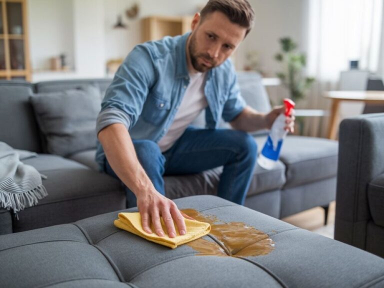 Closeup of scraping gum off a couch with a dull knife
