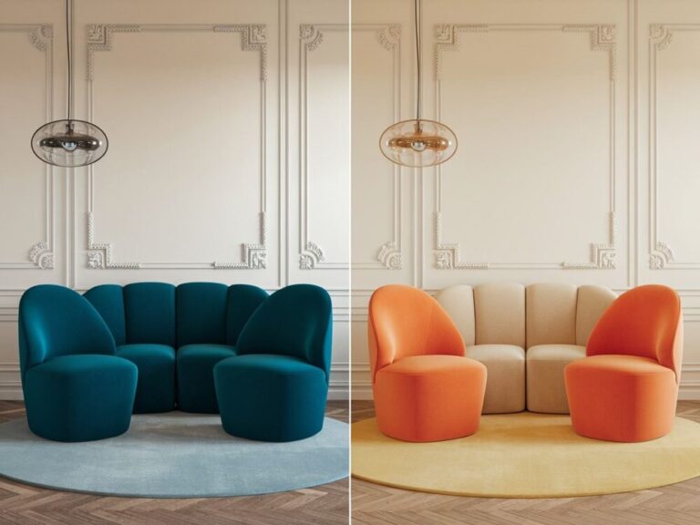 Krzesła w żywych barwach obok neutralnej kanapy