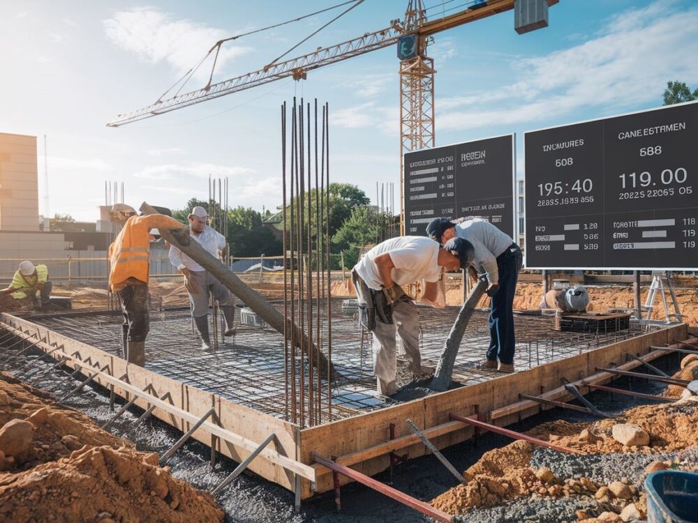 Pracownicy budowlani wyrównują beton na fundamentach