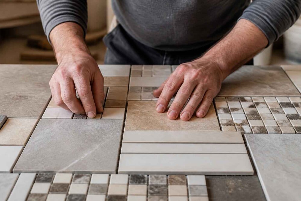 Dopasowywanie płytek ceramicznych Mężczyzna dopasowuje duże płytki ceramiczne i mozaikę na powierzchni roboczej