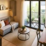 Jasny salon z sofą, okrągłym stolikiem i wyjściem na balkon z widokiem na drzewa