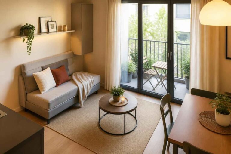 Jasny salon z sofą, okrągłym stolikiem i wyjściem na balkon z widokiem na drzewa