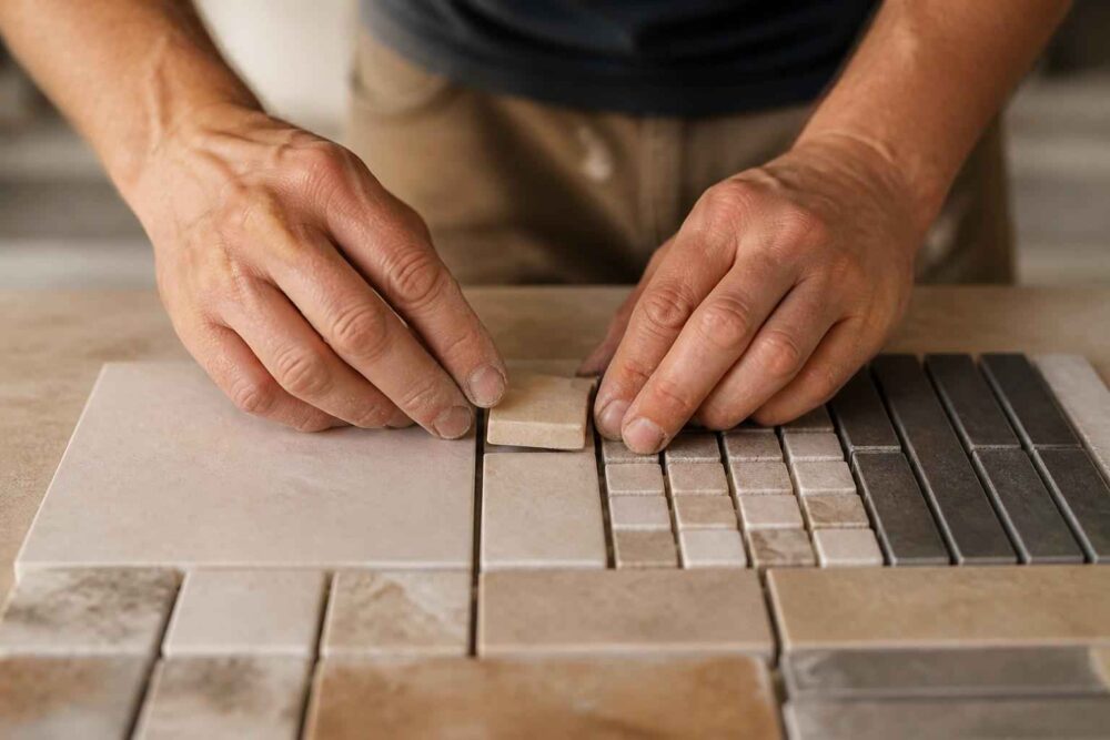 Dłonie układające płytki ceramiczne w mozaikowy wzór na stole roboczym